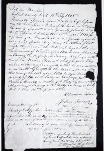 Image of an original document stating that Alexander Covington was seen by George Ireland on a British ship in the Patuxent River.