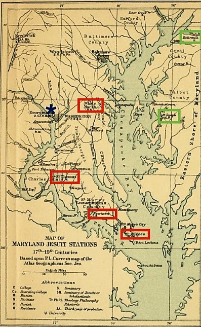 Map showing the four Jesuit plantations that sold GU -272 enslaved South.